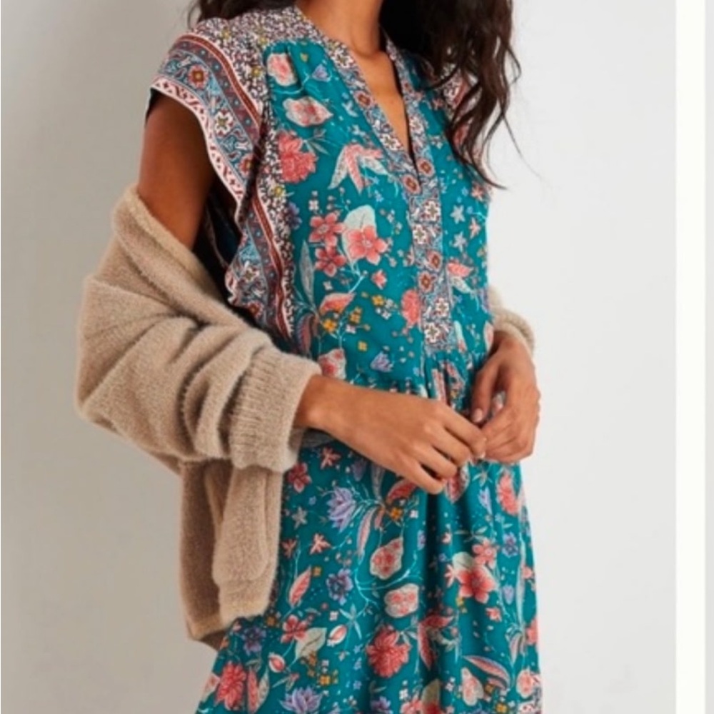 Anthropologie Floral Teal Dress NWT